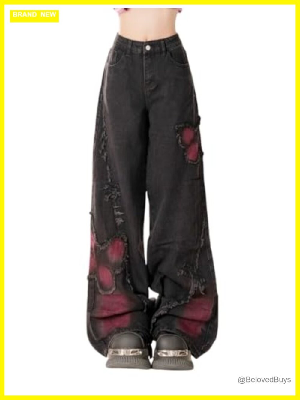 Y2K Baggy Distressed Wide Leg High Rise Jeans Butterfly Star Patch